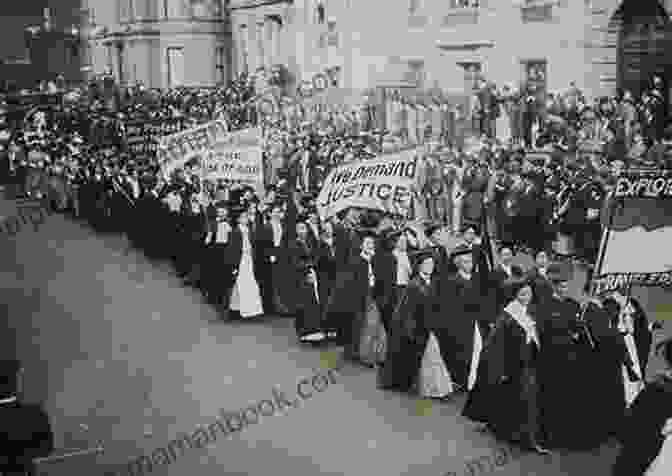 A Painting Depicting A Girl Suffragette Marching In A Parade In 1910. She Is Wearing A Simple Dress And Has Her Hair Tied Up In A Bun. She Is Carrying A Sign That Reads, The Evolution Of A Girl
